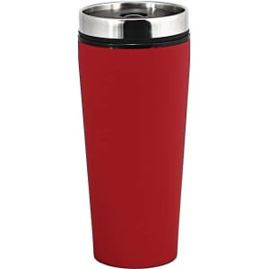 A drink bottle in vibrant red with a stainless steel lid and a sleek design, featuring a logo.