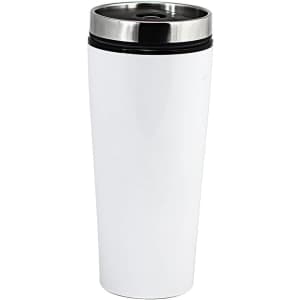 A drink bottle in white with a stainless steel lid and black silicone band, featuring a sleek, modern design.