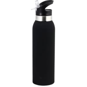 A drink bottle in matte black with a silver band and a flip-top lid, featuring a logo.