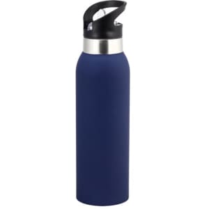 A drink bottle in navy blue with a stainless steel base and a black plastic lid featuring a handle.