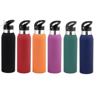 A drink bottle collection featuring six bottles in black, red, orange, purple, green, and blue, each with a spout and metallic accents.