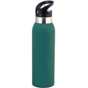A drink bottle in a matte green finish with a black lid and a silver band around the top. It features branding.