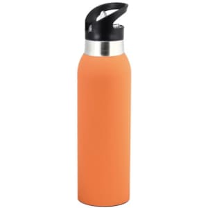A drink bottle in bright orange with a stainless steel top and a black lid, featuring a logo.