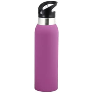 A drink bottle in a vibrant purple colour with a stainless steel top and a black lid. Features a logo.