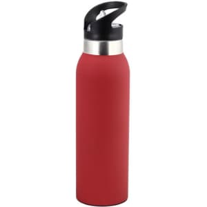 A drink bottle in a red matte finish with a stainless steel band and a black spout lid.