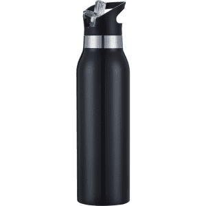 A drink bottle in black with a silver band and a flip-top straw, featuring a logo on the body.