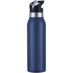 A drink bottle in navy blue featuring a flip-top lid and a silver accent. It has a logo on the side.