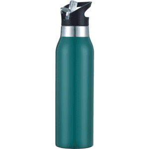 A drink bottle in a teal colour with a black lid and a flip straw, featuring a branding logo.