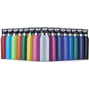 A drink bottle display featuring various colours including red, green, blue, silver, yellow, purple, and black, with a logo.