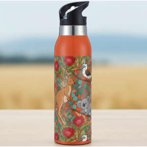 A drink bottle in orange featuring Australian wildlife and floral patterns, with a black lid and a logo on the side.