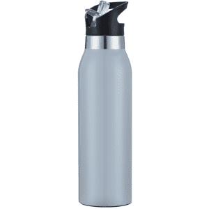 A drink bottle in silver with a black lid and a spout. It has a sleek, modern design and features a logo.