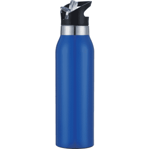 A drink bottle in shiny blue with a black flip-top lid and built-in straw. Features a logo on the front.