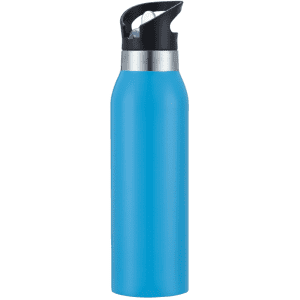 A drink bottle in bright blue with a silver band and black lid. Features a logo on the body.