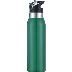 A drink bottle in a vibrant green hue with a silver and black spout and a sleek design.