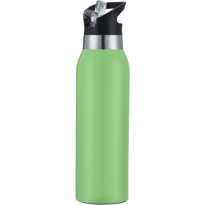 A drink bottle in bright green with a black lid featuring a straw and a silver band.