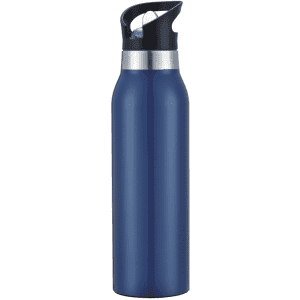 A drink bottle in a deep blue colour with a black and silver lid, featuring a small logo.