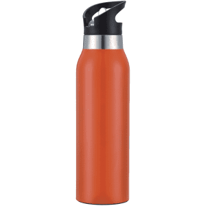 A drink bottle in vibrant orange with a black and silver lid, featuring a branding logo.