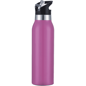 A drink bottle in a vibrant pink colour with a black lid and a straw, featuring a logo.