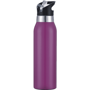 A drink bottle in a vibrant purple colour with a black spout and a silver detail at the top. There is a logo on the bottle.