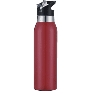 A drink bottle in a glossy red finish with a black, flip-top lid and a straw. Features a logo on the side.