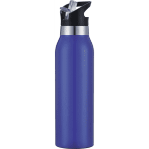 A drink bottle in a sleek design, featuring a purple body and a black lid with a straw.