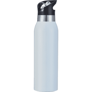 A drink bottle in white with a black lid and a silver accent, featuring a logo on the body.