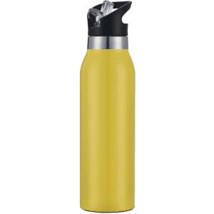 A drink bottle in bright yellow with a black spout and silver band at the top. It features a logo on the design.