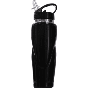 A drink bottle in sleek black with a pull-up straw and an ergonomic grip. It features a logo.