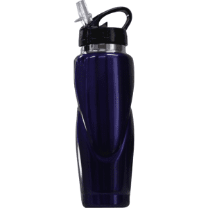 A drink bottle in a dark purple hue, featuring a flip-top lid and a built-in straw. It has a logo on the body.