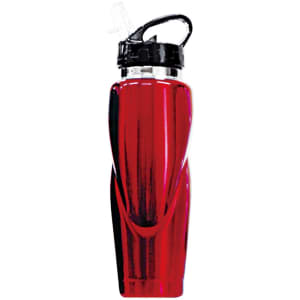 A drink bottle in bright red with a black lid and a logo. Features a curved design for easy grip.