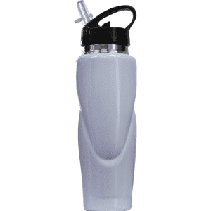 A drink bottle in white with a black lid and straw, featuring a contoured design and branding.