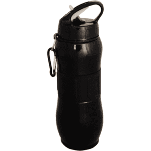 A drink bottle in black with a carabiner clip and a textured grip. It has a flip-top lid and a branding logo.
