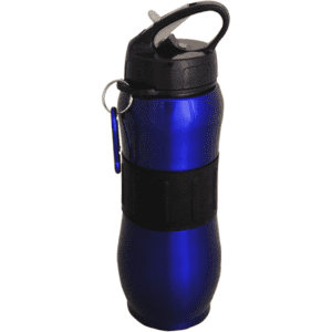 A drink bottle in a shiny blue finish with a black grip and a carabiner attached. It features a flip-top lid and a logo.