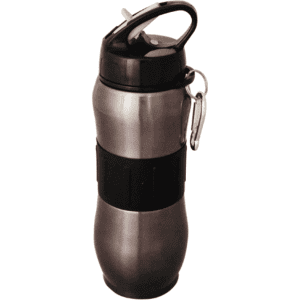 A drink bottle in metallic silver with a black grip and a black lid, featuring a carabiner clip.