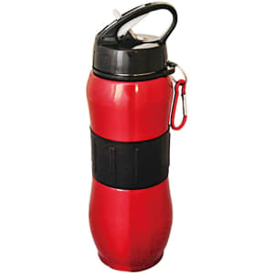A drink bottle in red with a black lid and grip, featuring a carabiner for attachment.