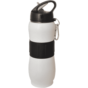A drink bottle in white with a black lid and removable grip, featuring a carabiner for easy attachment.
