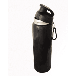 A drink bottle in shiny black with a spout lid and a clip attached.