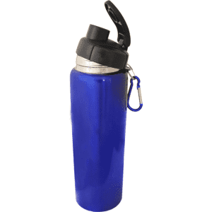 A drink bottle in bright blue with a black lid and a keychain clip. It features a branding logo.