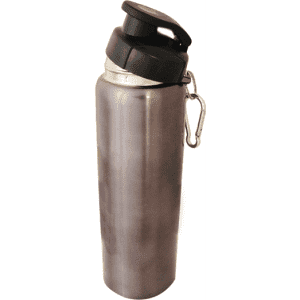 A drink bottle in stainless steel with a black lid and a carabiner attached.