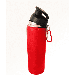 A drink bottle in a vibrant red colour with a black lid and a carabiner attachment. Features a logo.