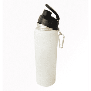 A drink bottle in white with a black lid and spout, featuring a carabiner for easy attachment.