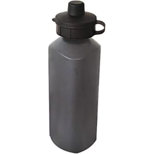 A drink bottle in grey with a black lid and handle, featuring a simple design and branding.