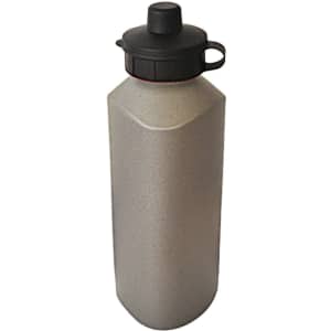 A drink bottle in a matte grey finish with a black cap and handle, featuring a logo.