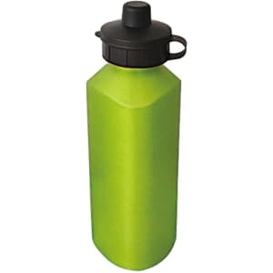 A drink bottle in bright green with a black lid and an attached loop for easy carrying.