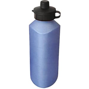 A drink bottle in a cobalt blue hue with a black cap and a handle. It features a logo on the side.