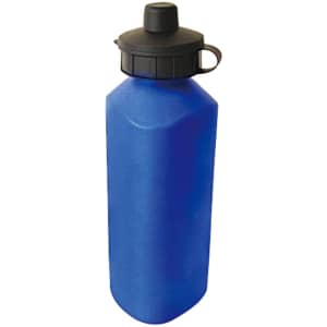 A drink bottle in vibrant blue with a black cap and loop handle, featuring a simple, sleek design.
