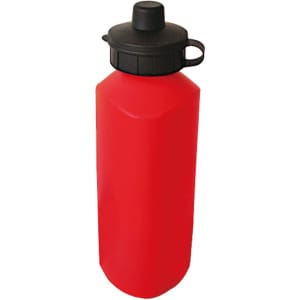 A drink bottle in red with a black lid and a loop for easy carrying. Features a logo on the front.