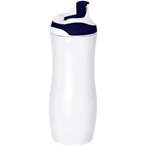 A drink bottle in white with a navy blue lid and spout, featuring a sleek, curved design and a logo.
