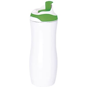 A drink bottle in white with a green lid, featuring a spout and a branded logo.