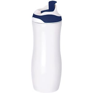 A drink bottle in white with a navy blue lid and spout, featuring a branded logo.